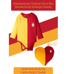 Galatasaray Orijinal Lisanslı Uzun Kol Bebek Body Zıbın & Sarı Kırmızı Kalpli Yastık Set
