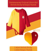 Galatasaray Orijinal Lisanslı Uzun Kol Bebek Body Zıbın & Sarı Kırmızı Kalpli Yastık Set