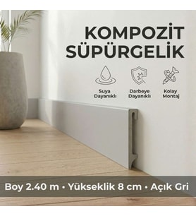 Espumo Kompozit Süpürgelik 8 cm Açık Gri  Suya Dayanıklı Parke Duvar Süpürgelik 2,40 m ESP202