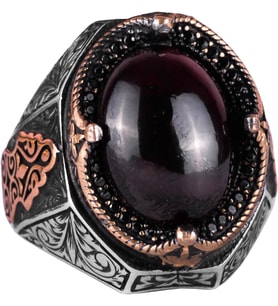 Gerçek Doğal Cabochon Granat Taşlı Yüzük - Derin 925K Katı Gümüş Erkek Yüzüğü