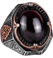 Gerçek Doğal Cabochon Granat Taşlı Yüzük - Derin 925K Katı Gümüş Erkek Yüzüğü