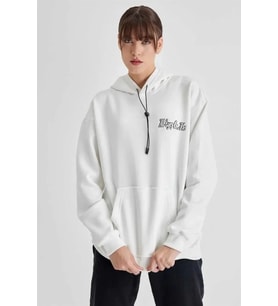 Kapüşonlu Sırt Baskılı Üç İplik Oversize Sweatshirt - Beyaz