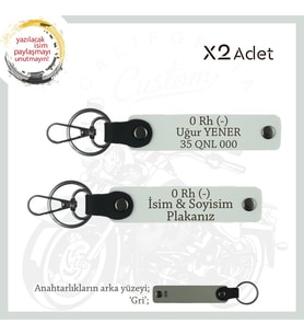 Motor Stiline Uygun İsim Plaka ve 0 - Kan Grubu Yazılı Hediyelik Deri x2 Anahtarlık Seti, Beyaz-Gr (Çok Renkli)