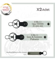 Motor Stiline Uygun İsim Plaka ve 0 - Kan Grubu Yazılı Hediyelik Deri x2 Anahtarlık Seti, Beyaz-Gr (Çok Renkli)
