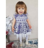 Fırfır Ve Dantel Detaylı Etnik Desenli Mavi Beyaz Kız Çocuk Bebek Elbise