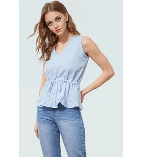 Yazlık Pamuklu Polyester V Yaka Belden Bağlamalı Bluz Günlük Kullanım İçin Modern Stil Mükemmel Uyum (Mavi)