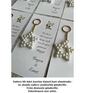 12 Adet Uzun Kuşe Kartlı İnci Yıldız Anahtarlık - Nişan Hediyesi - Nikah Hediyesi - 60+ kart olur