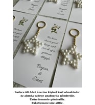 12 Adet Uzun Kuşe Kartlı İnci Yıldız Anahtarlık - Nişan Hediyesi - Nikah Hediyesi - 60+ kart olur