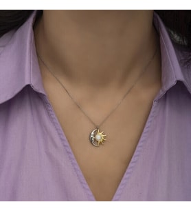 Opal Beyaz Taşlı Ay Güneş 925 Ayar Gümüş Kadın Kolye