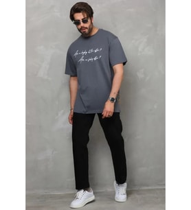 Unisex Bisiklet Yaka Baskılı Oversize T-Shirt - Füme