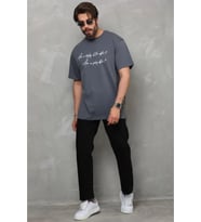 Unisex Bisiklet Yaka Baskılı Oversize T-Shirt - Füme