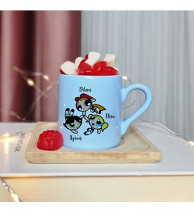Power Puff Girls Tasarımlı Kişiye Özel Mavi Türk Kahvesi Fincanı