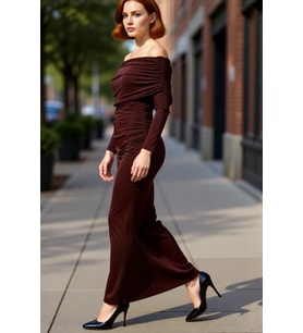 Kadın Şık Bodycon Kahverengi Uzun Kol Maxi Elbise Carmen Yaka ile Gece Davetleri İçin Kaliteli
