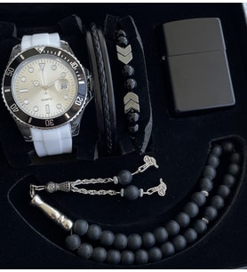 Beyaz Silikon Kordon Takvimli Erkek Kol Saati Özel Kutulu: İki Adet Bileklik, Zippo Tip Çakmak, Tespih ve Premium Sportif ve Şık Rolex Model Beyaz Erkek Kol Saati Seti Erkek Arkadaşa Kardeşe Kuzene Babaya Özel Doğum Günü Hediyesi