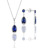 Gümüş rodyumlu safir taşlı damla modeli kolye ve küpe ikili set SGTL12074LACIVERT