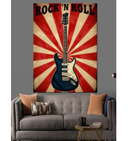 Kırmızı Beyaz Retro Fonlu Roc'N Roll Gitarı Dekoratif Kanvas - Mdf Ahşap Tablo
