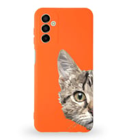 Samsung Galaxy A04s Uyumlu Lansman Kılıf Catface Tasarımlı İçi Kadife Kapak-Turuncu (Şeffaf)
