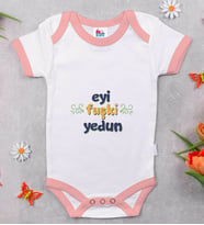 BK Kids Eyi Fuşki Yedun Tasarımlı Pembe Bebek Body Zıbın-1