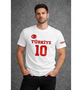 Erkek TÜRKİYE Ay Yıldız Baskılı 10 Numara Forma Tişört Taraftar T-Shirt - Beyaz