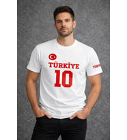 Erkek TÜRKİYE Ay Yıldız Baskılı 10 Numara Forma Tişört Taraftar T-Shirt - Beyaz