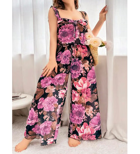 ÖzelTasarım Büyük Beden Çiçek Desenli Bol Kesim 2'li Pijama Takımı (Çok Renkli)