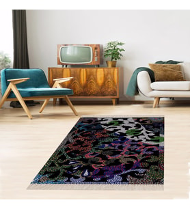 Osmanlı Şal Desenli Dijital Baskı Yıkanabilir Kaymaz Taban Etnik Kilim Desen Salon Halısı ve Yolluk (Siyah)