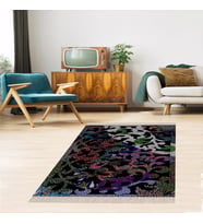 Osmanlı Şal Desenli Dijital Baskı Yıkanabilir Kaymaz Taban Etnik Kilim Desen Salon Halısı ve Yolluk (Siyah)
