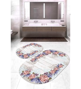 Dijital Baskılı Kaymaz Taban Yıkanabilir Oval 2'li Klozet Takımı Banyo Paspası NOKZ-HS-454 (Krem)