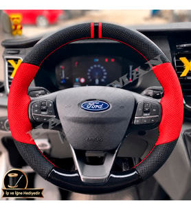 Ford F-Max Dikme Direksiyon Kılıfı Parlak Siyah Kırmızı Detaylı Kırmızı Çift Yüzük ve Dikiş 2018-2026