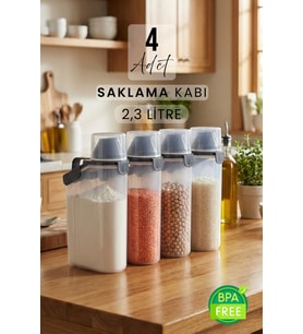 2300ml 4'lü Kırılmaz Erzak Saklama Kabı Seti, Sızdırmaz, Çift Contalı, Ölçekli