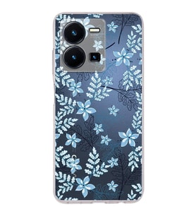 PrintiFy Vivo Y35 Uyumlu Kamera Korumalı Floral Mavi Tasarımlı Şeffaf Silikon Kılıf