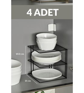 4'lü Mat Siyah 3 Katlı Dolap İçi Tabaklık Bardaklık Mutfak Düzenleyici Raf Paslanmaz Metal, Çok Al Az Öde