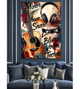Gitar Ve Müzik Notası Posteri Dekoratif Kanvas - Mdf Ahşap Tablo