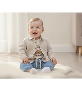 Pilot Tavşan Baskılı Müslin Kumaş Bebek Erkek Üçlü Takım Set Babyhola (Mavi)