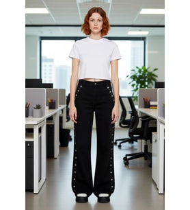 Kadın Wide Leg Pantolon Taş Detaylı Yüksek Bel Denim Fonksiyonel Dayanıklı Kaliteli Modern