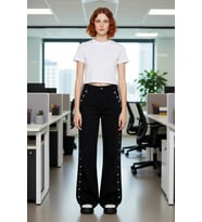 Kadın Wide Leg Pantolon Taş Detaylı Yüksek Bel Denim Fonksiyonel Dayanıklı Kaliteli Modern