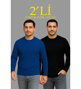 Erkek Fitilli Triko Kazak 2’li Set Siyah Saks Mavisi Kalın Dokuma Pamuklu Regular Fit