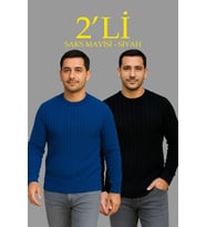 Erkek Fitilli Triko Kazak 2’li Set Siyah Saks Mavisi Kalın Dokuma Pamuklu Regular Fit