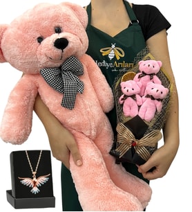 3'lü Peluş Ayıcık Buketi, Renkli Anka Kuşu Kolye ve Pembe Peluş Ayıcık (Model 5)