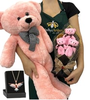 3'lü Peluş Ayıcık Buketi, Renkli Anka Kuşu Kolye ve Pembe Peluş Ayıcık (Model 5)