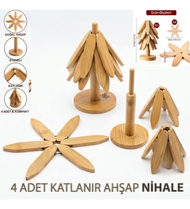 4'lü Standlı Bambu Nihale Pratik Katlanır Nihale Bambu Bardak Tencere Altlığı Isıya Dayanıklı