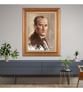 Altın Varaklı Çerçeveli Paspartulu Atatürk Tablo DC1380 (Gold)