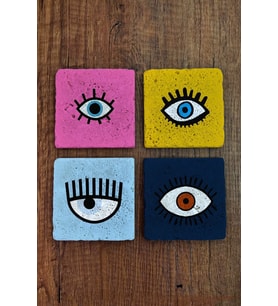 Doğal Taş Bardak Altlığı 4'lü Set - Renli Gözler Nazar - Stone Coasters