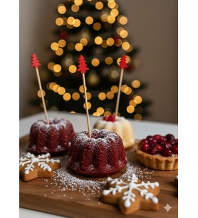 12 Adet Kırmızı Çam Ağacı Ahşap Kürdan Seti - Yılbaşı Kokteyl, Meze ve Cupcake Süsü