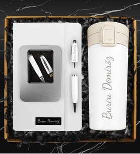 Kişiye Özel Beyaz Çelik Termos & Özel Tasarım Beyaz Defter & 32 GB Kişiye Özel Kutulu Usb Kalem Hediye Seti