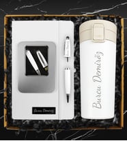 Kişiye Özel Beyaz Çelik Termos & Özel Tasarım Beyaz Defter & 32 GB Kişiye Özel Kutulu Usb Kalem Hediye Seti