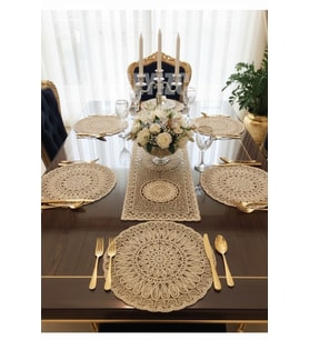 Fransız Dantelli Runner Ve Supla Takımı (1 Runner, 6 Supla) Kahve