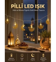 Pilli Minareli Hilal LED Işık Gold Metal Ramazan Dekorasyonu