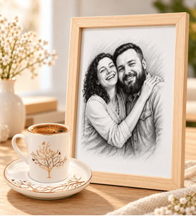 Kişiye Özel Karakalem Fotoğraflı Ahşap Çerçeve ve Hayat Ağacı Porselen Kahve Fincanı