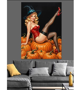 Balkabaklarında Oturan Cadı Kostümlü Pin Up Kız Retro Dekoratif Kanvas - Mdf Ahşap Tablo